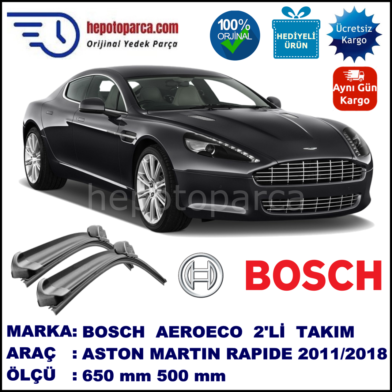 ASTON MARTIN Rapide  07.2011-..., 650 / 500 mm. BOSCH AEROECO Aparatlı Muz Silecek