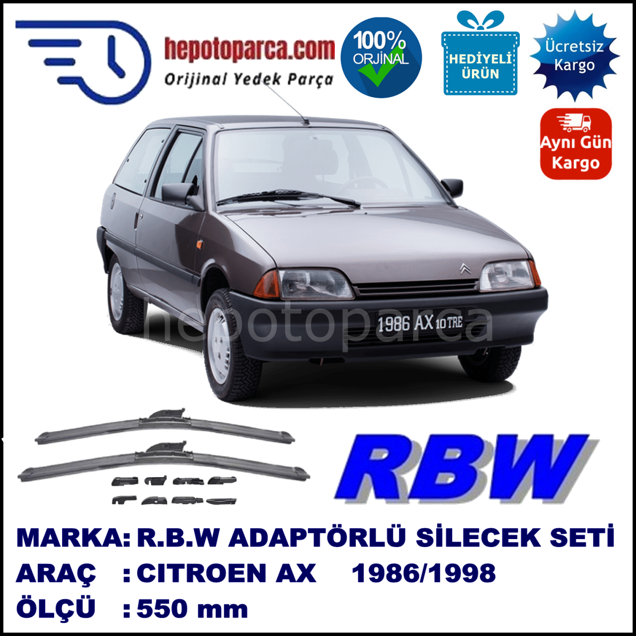 CITROEN AX  10.1986-12.1998, 550 / - mm.  RBW  ADAPTÖRLÜ MUZ SİLECEK
