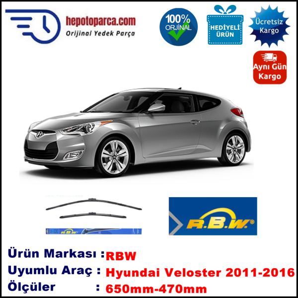 HYUNDAI Veloster  06.2011-..., 650 / 470 mm.  RBW  ADAPTÖRLÜ MUZ SİLECEK SETİ