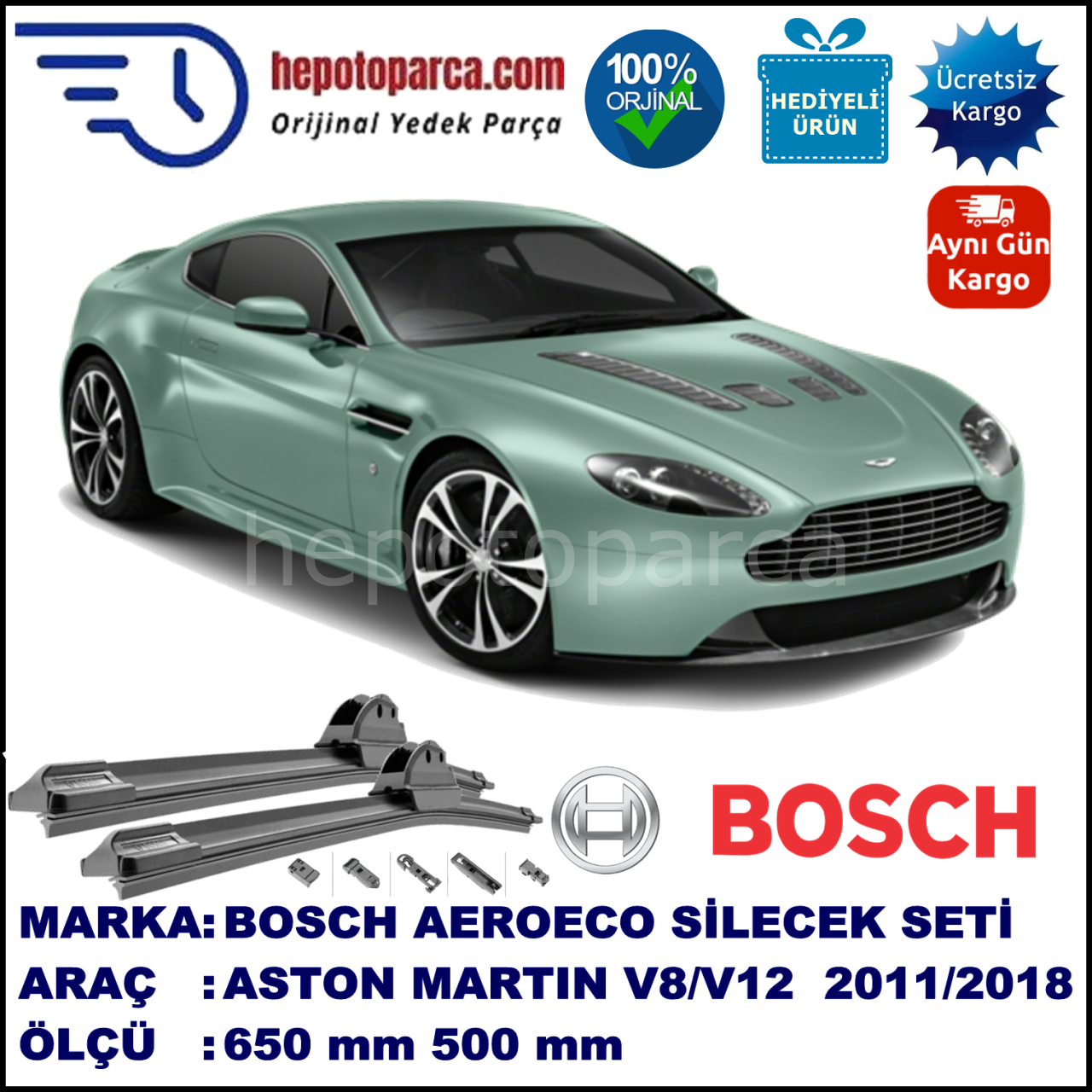 ASTON MARTIN V8/V12  07.2011-..., 650 / 500 mm. BOSCH AEROECO Aparatlı Muz Silecek