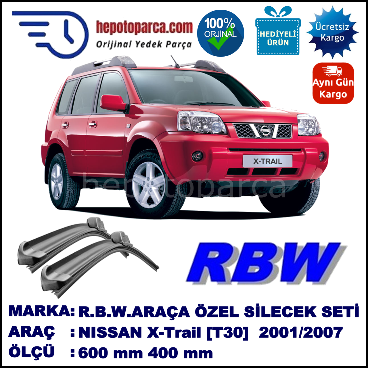 NISSAN X-Trail [T30] 06.01-08.07 600 / 400 mm. RBW Muz Silecek Seti  2'li Takım. U Kanca Uyumludur.