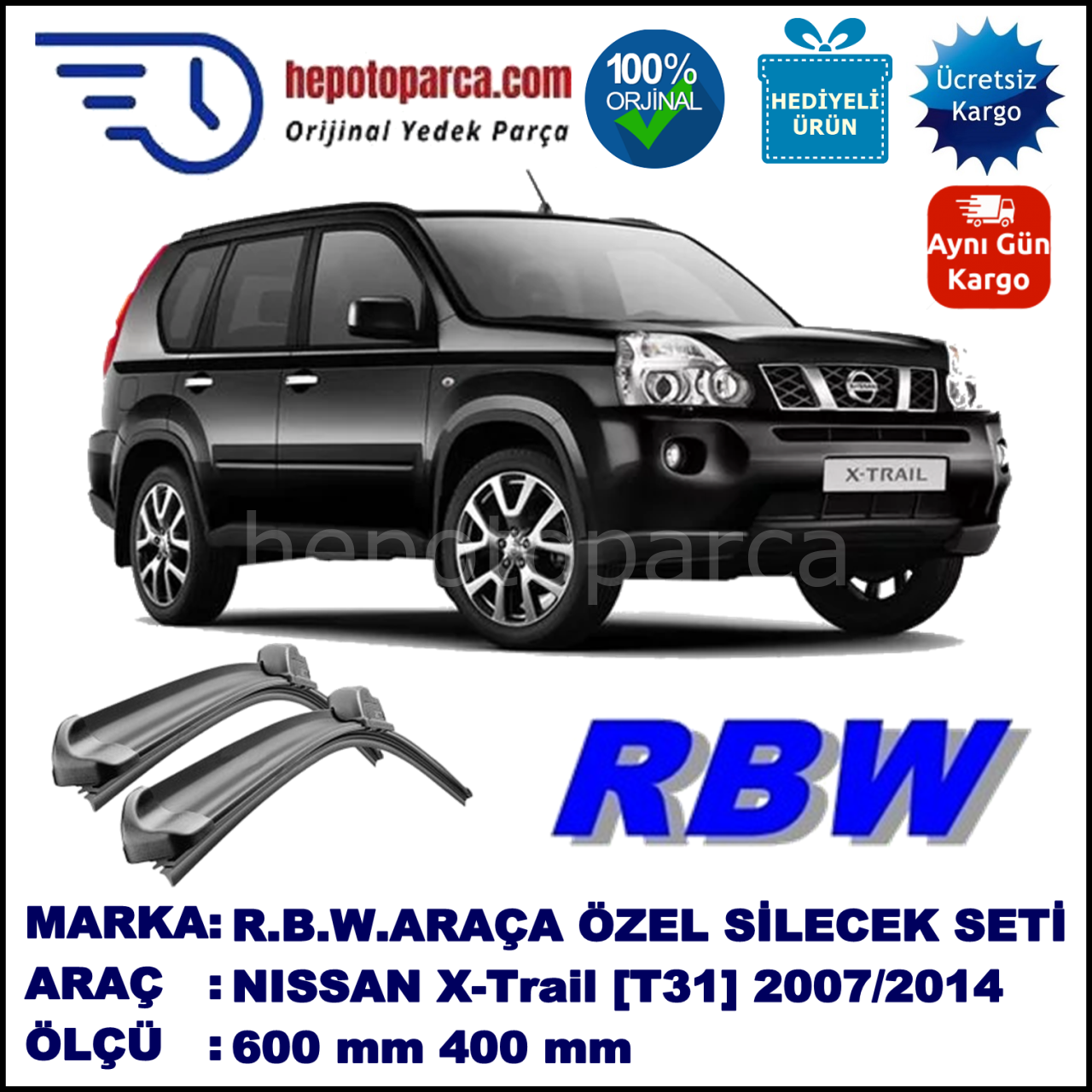 NISSAN X-Trail [T31] 04.07-... 600 / 400 mm. RBW Muz Silecek Seti  2'li Takım. U Kanca Uyumludur.