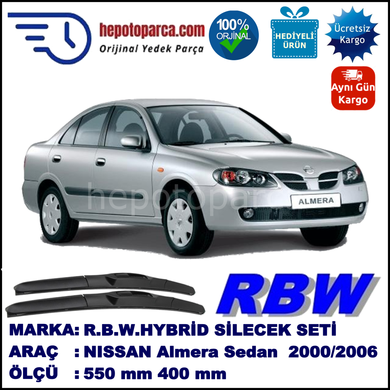 NISSAN Almera Sedan [N16; N16E] 04.00-11.06 550 / 400 mm. RBW Hybrid Silecek Seti. U Kanca Uyumlu Hibrit