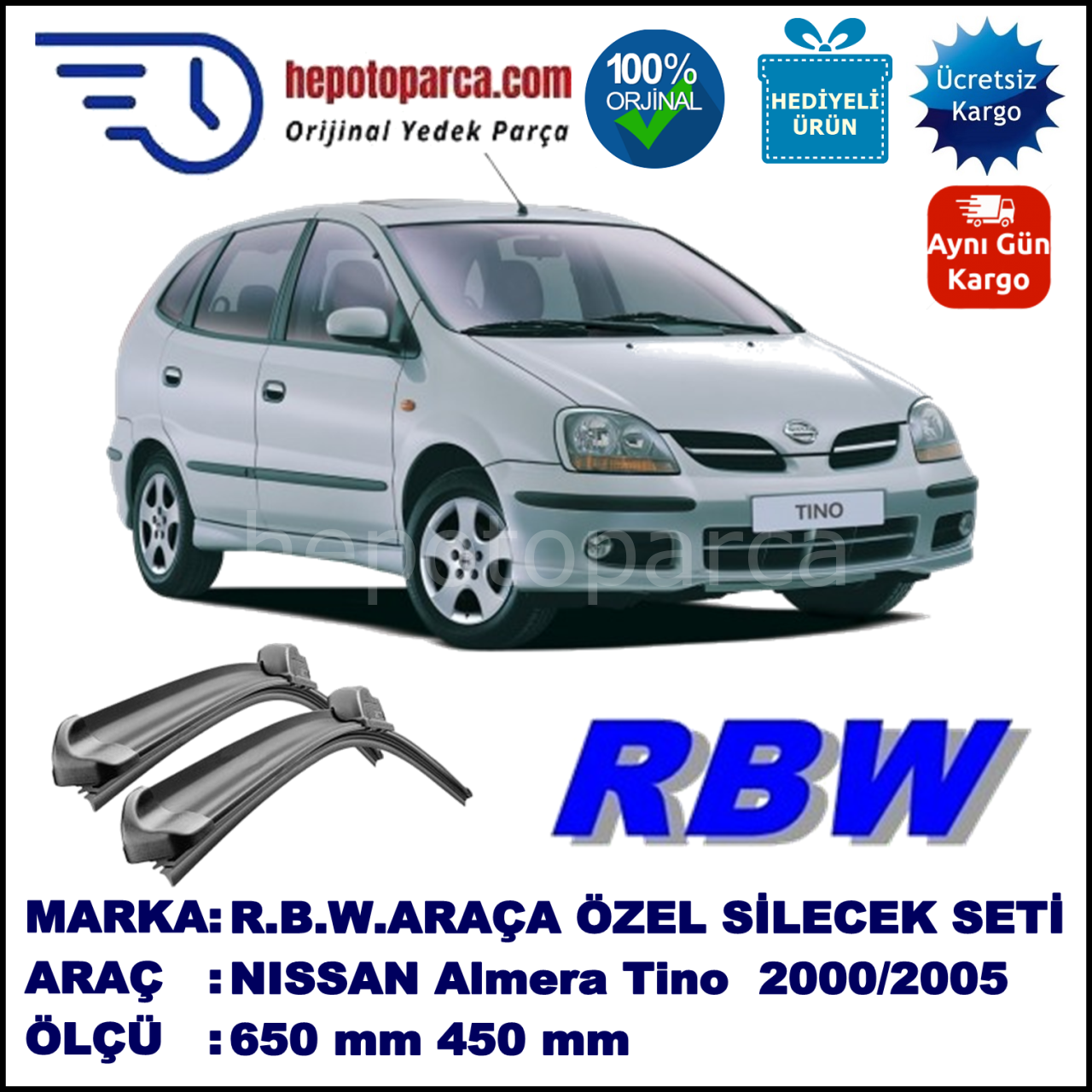 NISSAN Almera Tino [V10M] 05.00-12.05 650 / 450 mm. RBW Muz Silecek Seti  2'li Takım. U Kanca Uyumludur.