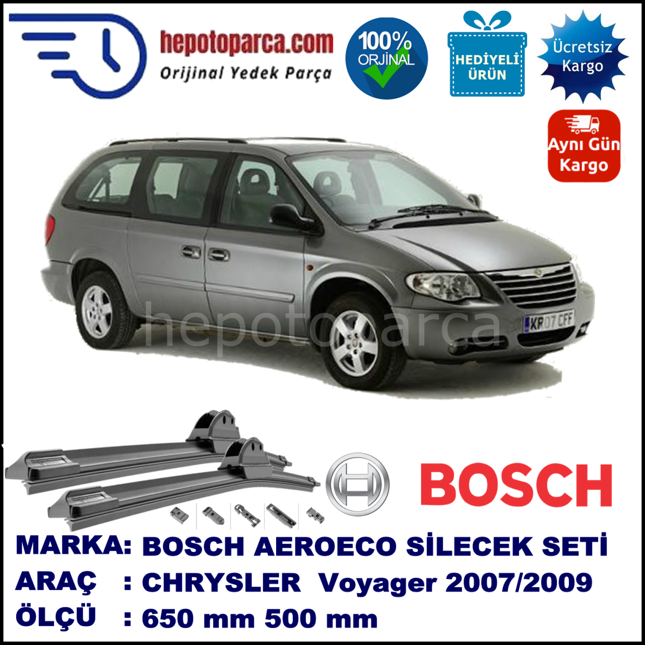 CHRYSLER Grand Voyager [RS] 09.2007-11.2009, 650 / 500 mm. BOSCH AEROECO Aparatlı Muz Silecek