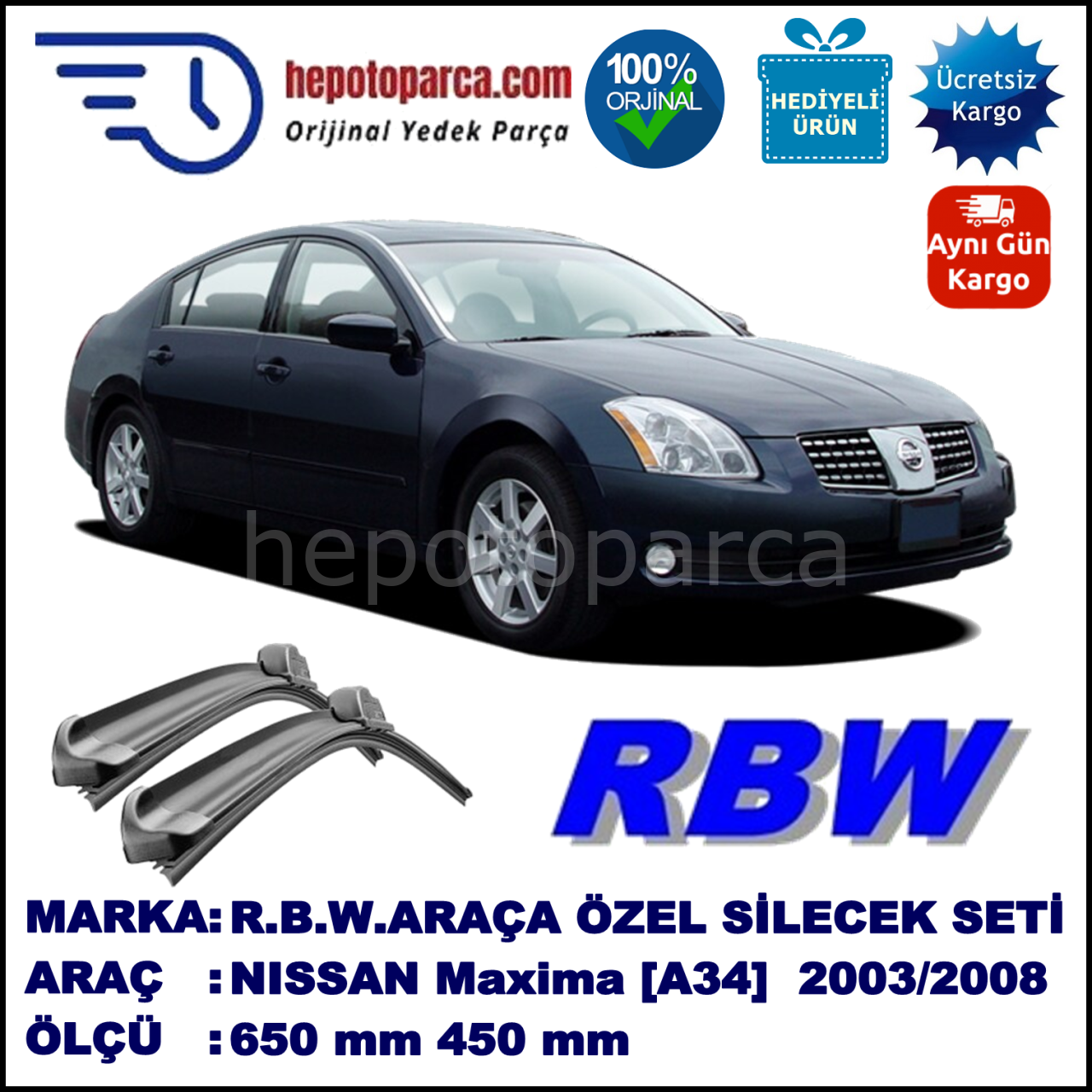 NISSAN Maxima [A34] 02.03-05.08 650 / 400 mm. RBW Muz Silecek Seti  2'li Takım. U Kanca Uyumludur.