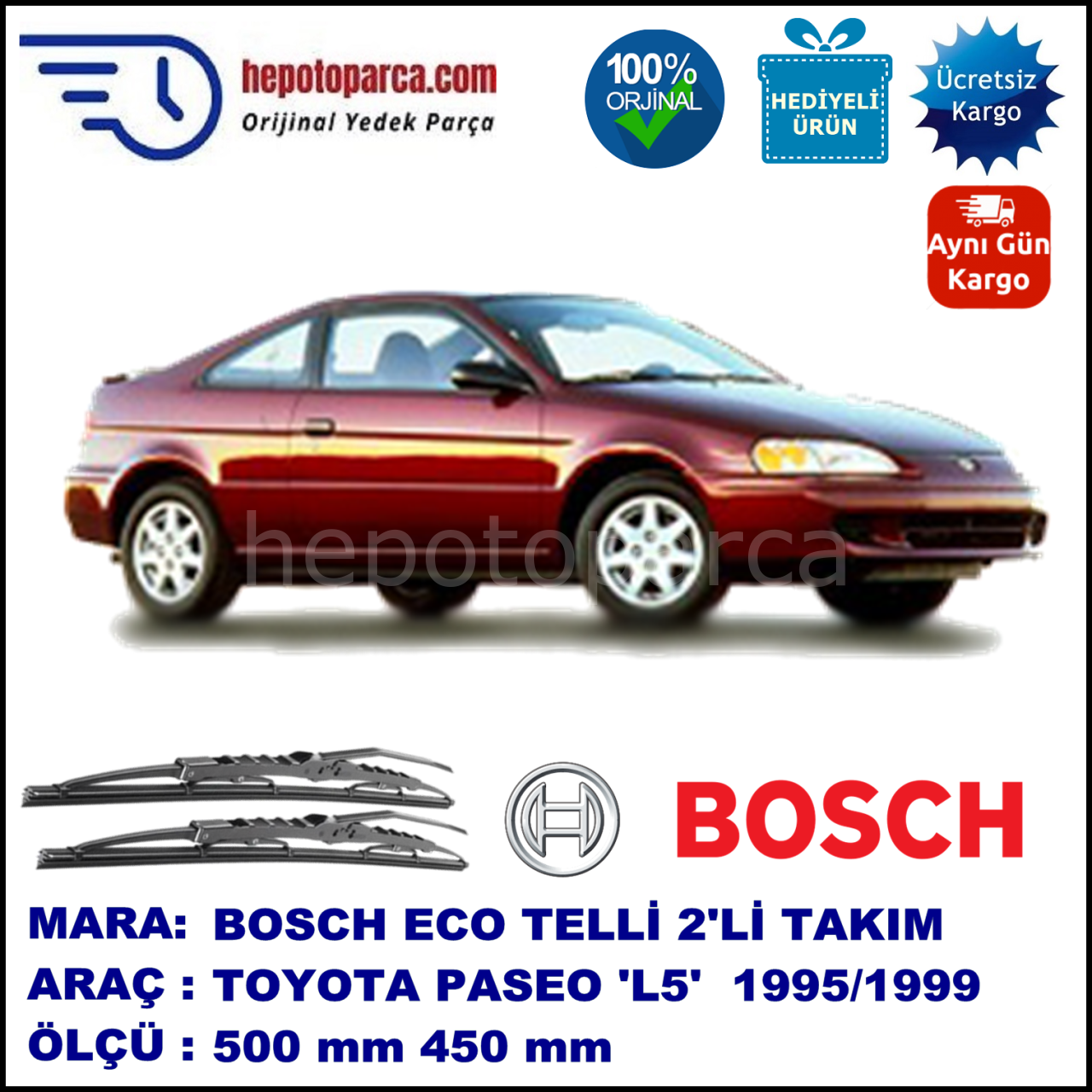 TOYOTA Paseo [L5] 08.95-07.99 500 / 450 mm. BOSCH ECO Telli Silecek 2'li Takım