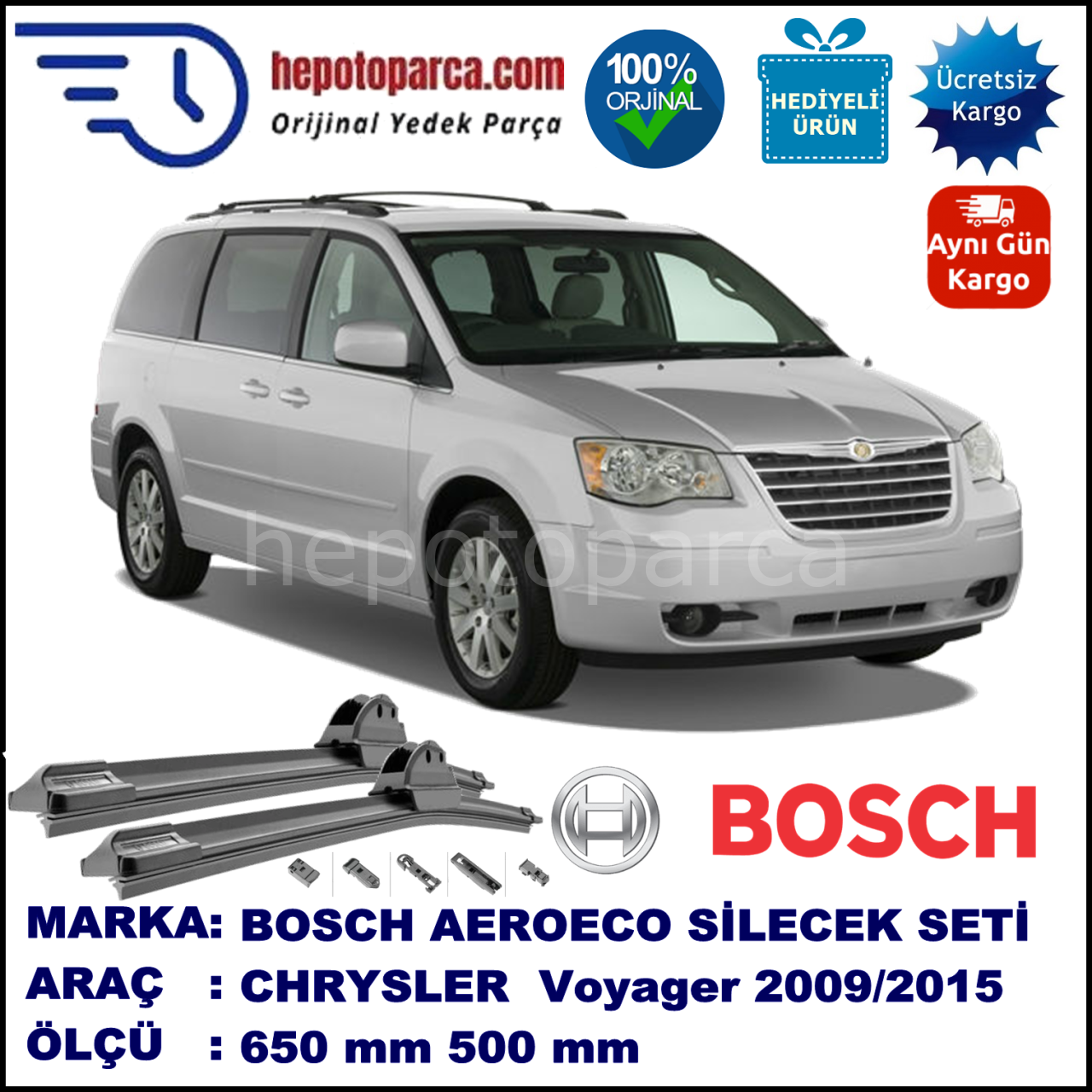 CHRYSLER Grand Voyager [RS] 12.2009-..., 650 / 500 mm. BOSCH AEROECO Aparatlı Muz Silecek