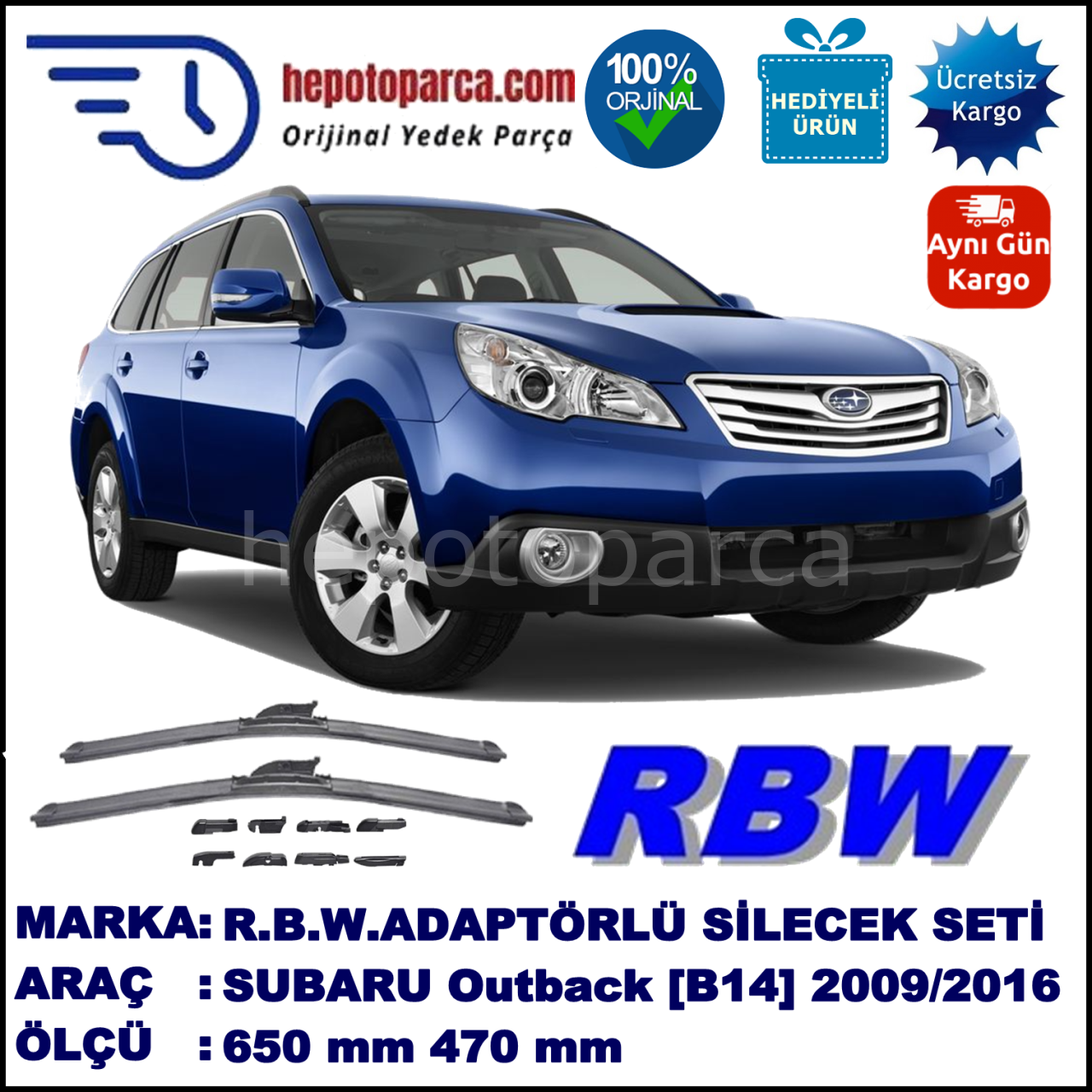 SUBARU Outback [B14] 06.2009-..., 650 / 470 mm.  RBW  ADAPTÖRLÜ MUZ SİLECEK SETİ