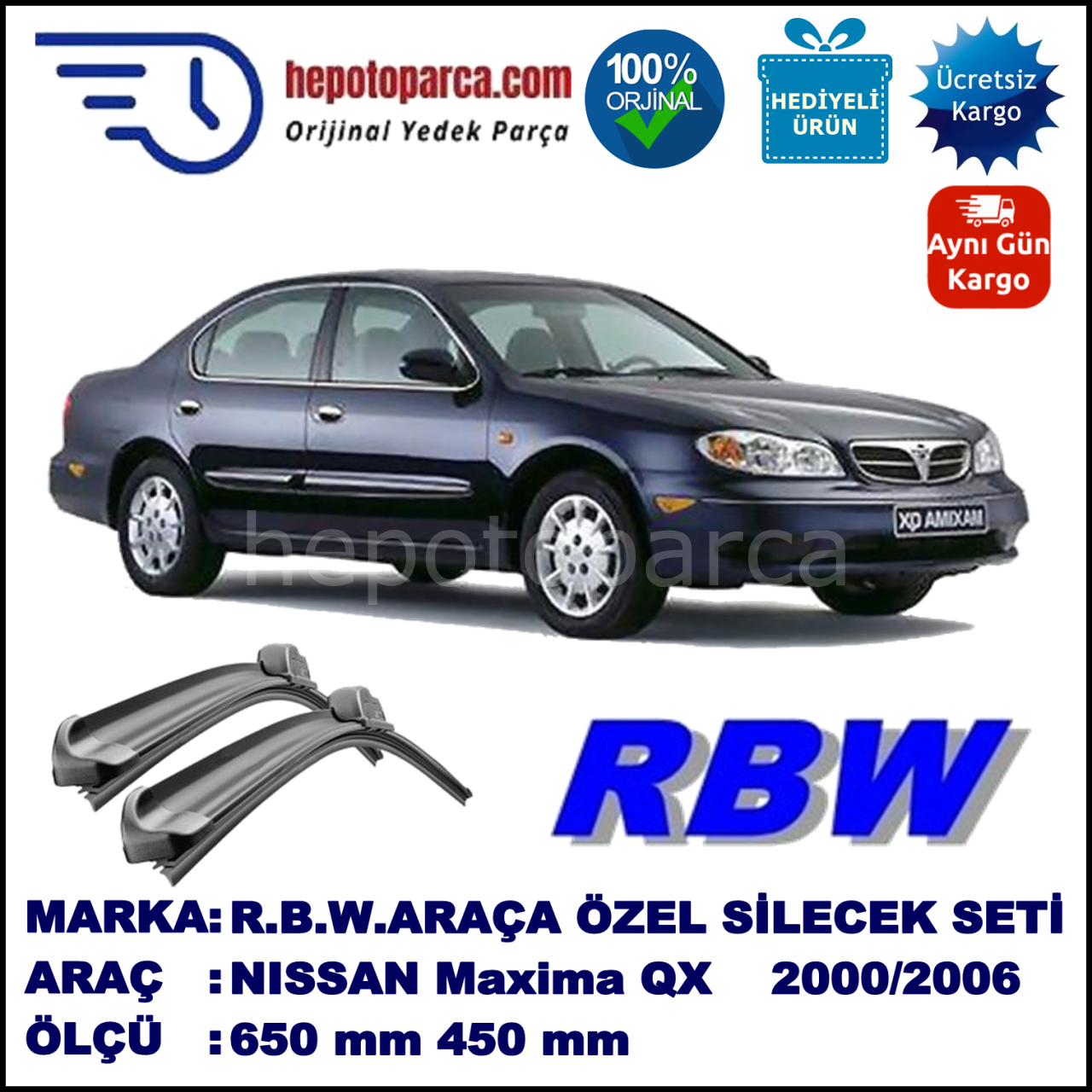 NISSAN Maxima QX [CA33] 01.00-01.06 650 / 450 mm. RBW Muz Silecek Seti  2'li Takım. U Kanca Uyumludur.