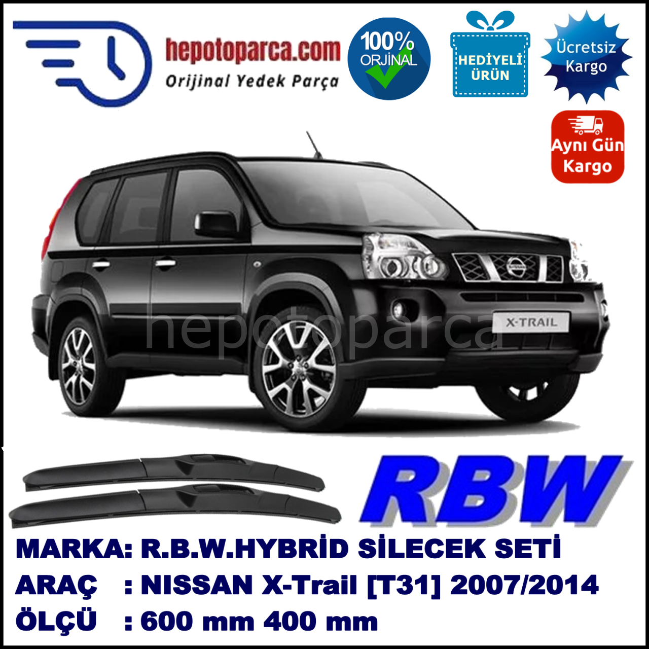 NISSAN X-Trail [T31] 04.07-... 600 / 400 mm. RBW Hybrid Silecek Seti. U Kanca Uyumlu Hibrit
