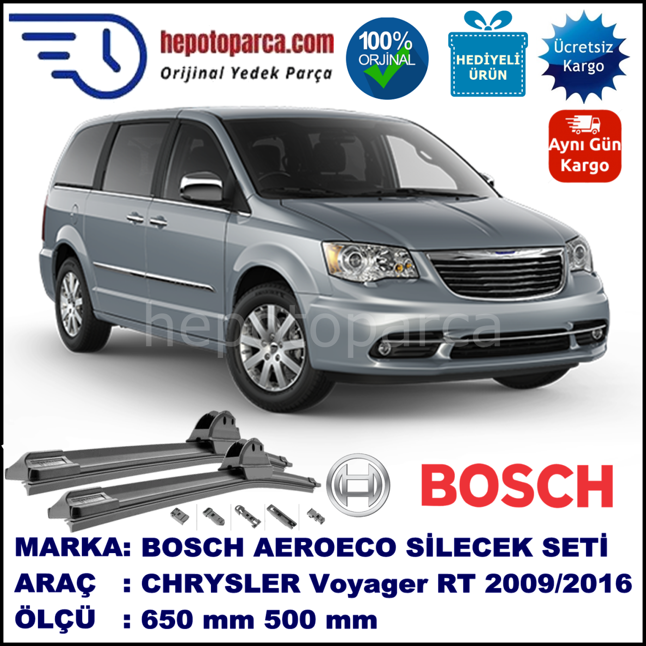 CHRYSLER Voyager [RT] 12.2009-..., 650 / 500 mm. BOSCH AEROECO Aparatlı Muz Silecek