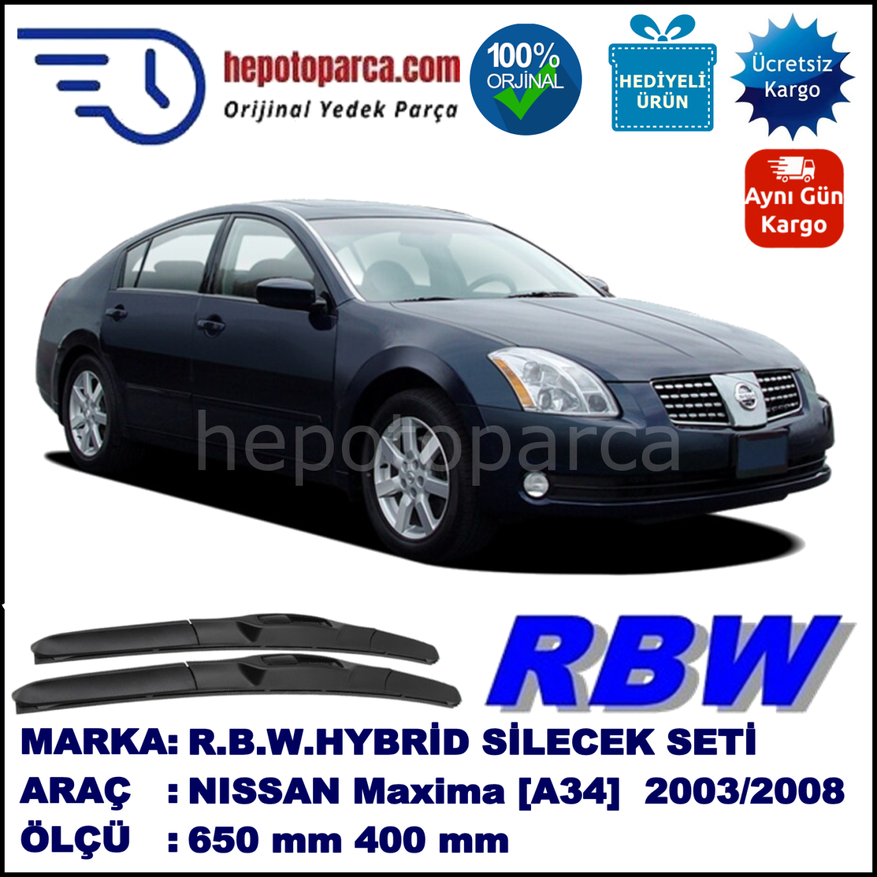 NISSAN Maxima [A34] 02.03-05.08 650 / 400 mm. RBW Hybrid Silecek Seti. U Kanca Uyumlu Hibrit