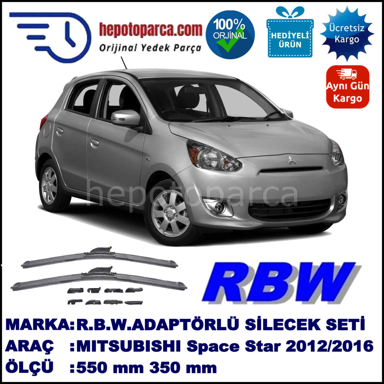 MITSUBISHI Space Star [A0] 11.2012-..., 550 / 350 mm.  RBW  ADAPTÖRLÜ MUZ SİLECEK SETİ