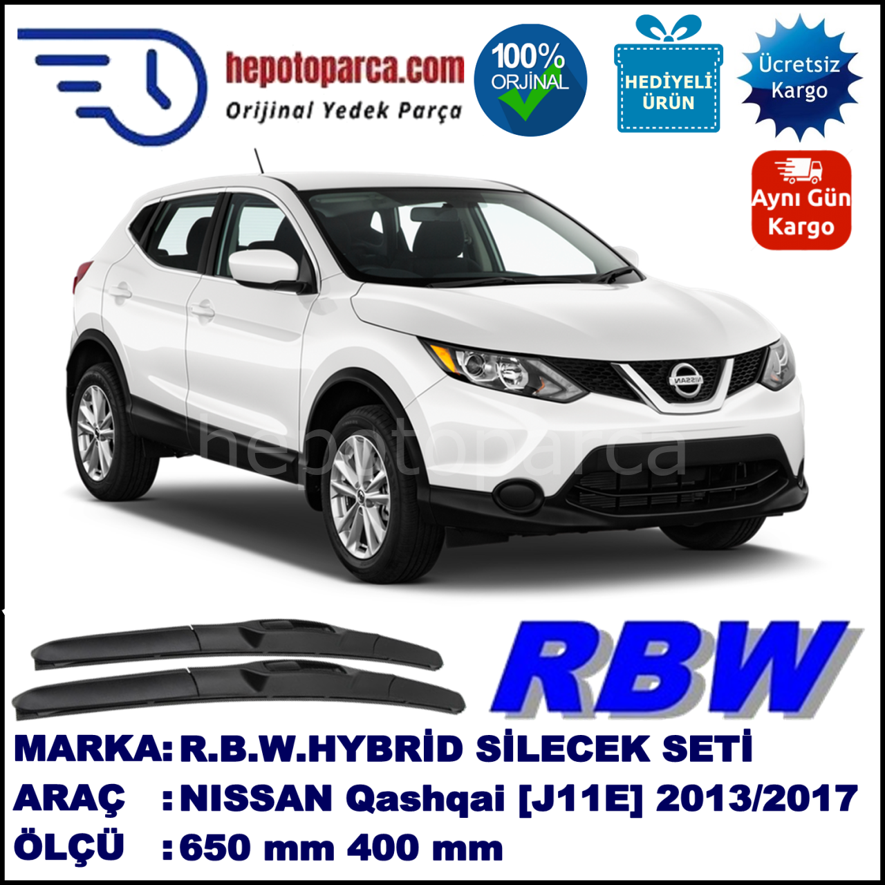 NISSAN Qashqai [J11E] 12.13-... 650 / 400 mm. RBW Hybrid Silecek Seti. U Kanca Uyumlu Hibrit