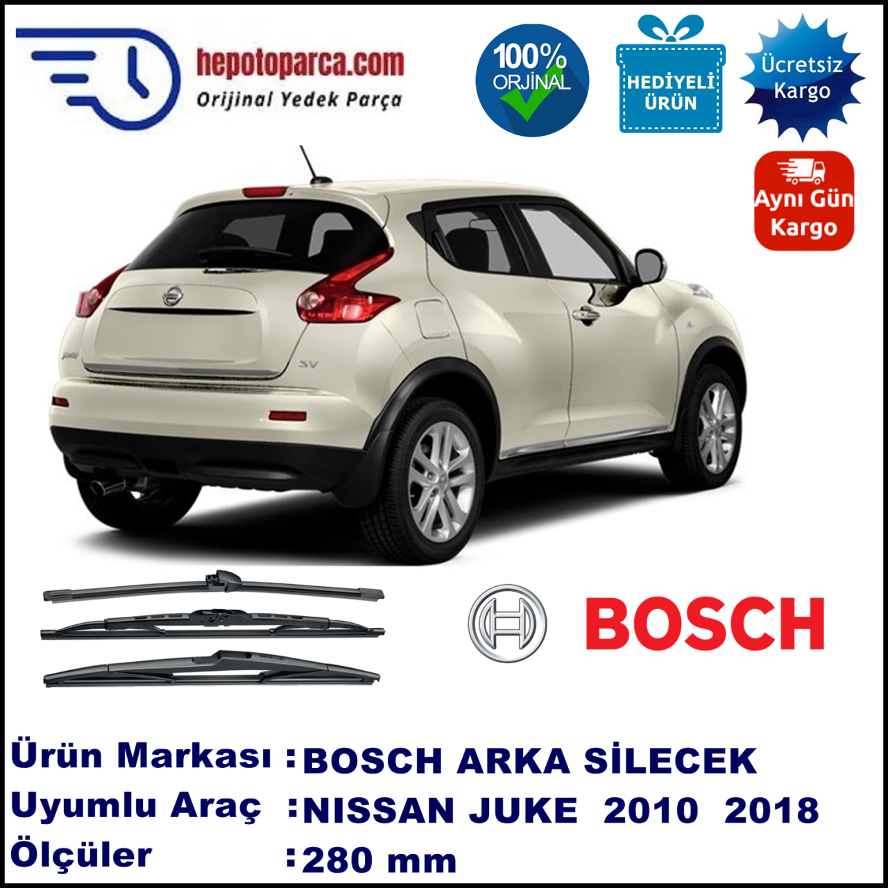NISSAN Juke [F15] 280 mm 07.2010-... BOSCH Arka Silecek