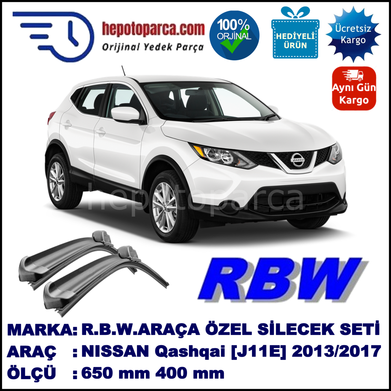 NISSAN Qashqai [J11E] 12.13-... 650 / 400 mm. RBW Muz Silecek Seti  2'li Takım. U Kanca Uyumludur.