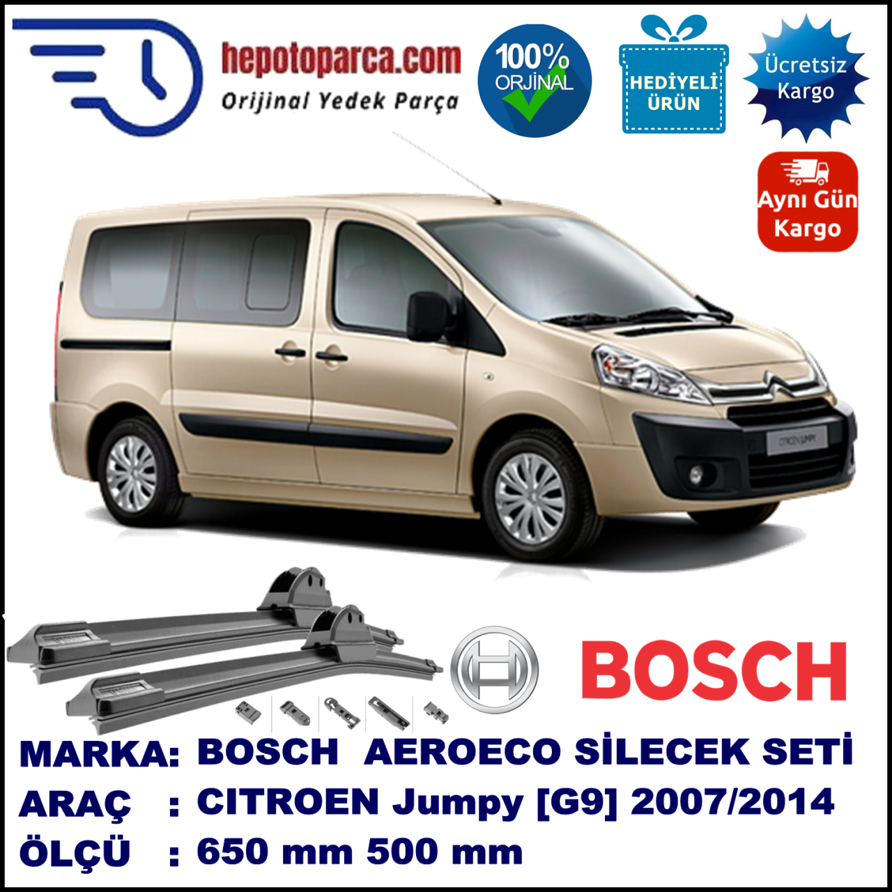 CITROEN Jumpy [G9] 02.2007-..., 650 / 500 mm. BOSCH AEROECO Aparatlı Muz Silecek