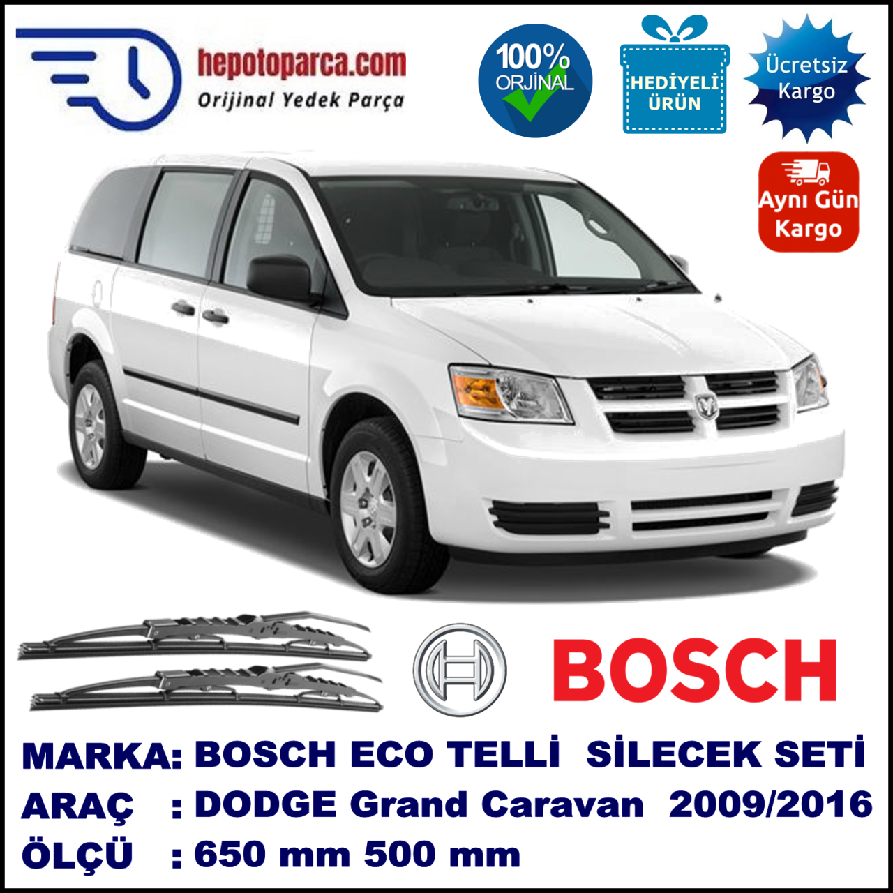 DODGE Grand Caravan [RT] 12.2009-..., 650 / 500 mm. BOSCH AEROECO Aparatlı Muz Silecek