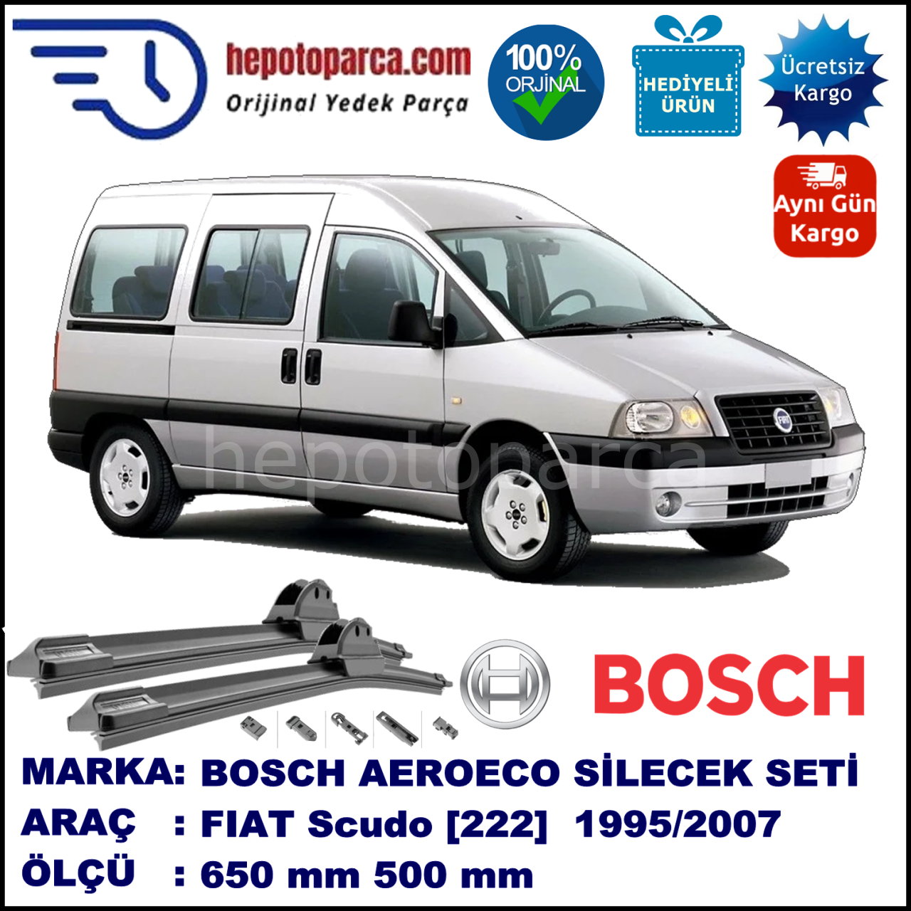 FIAT Scudo [222..] 10.1995-01.2007, 650 / 500 mm. BOSCH AEROECO Aparatlı Muz Silecek
