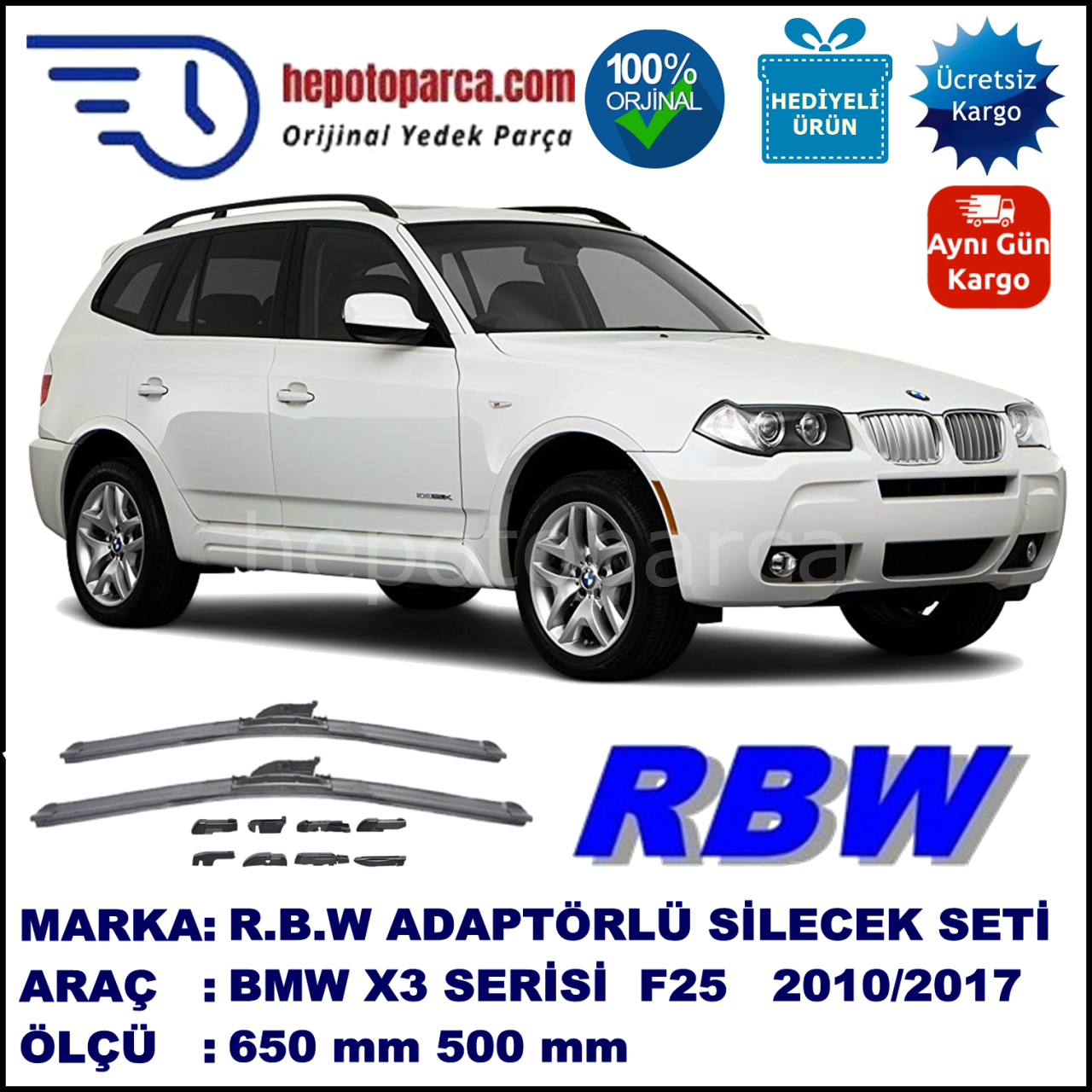 BMW X3 [F 25] 10.2010-..., 650 / 500 mm.  RBW  ADAPTÖRLÜ MUZ SİLECEK SETİ