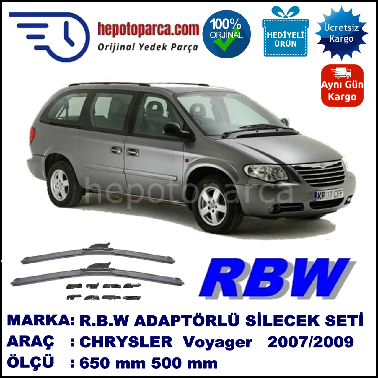 CHRYSLER Grand Voyager [RS] 09.2007-11.2009, 650 / 500 mm.  RBW  ADAPTÖRLÜ MUZ SİLECEK SETİ