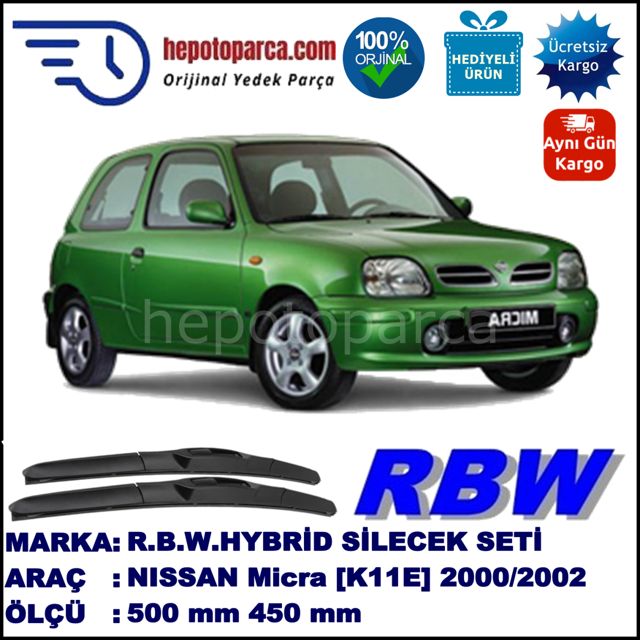 NISSAN Micra [K11E] 07.00-10.02 500 / 450 mm. RBW Hybrid Silecek Seti. U Kanca Uyumlu Hibrit