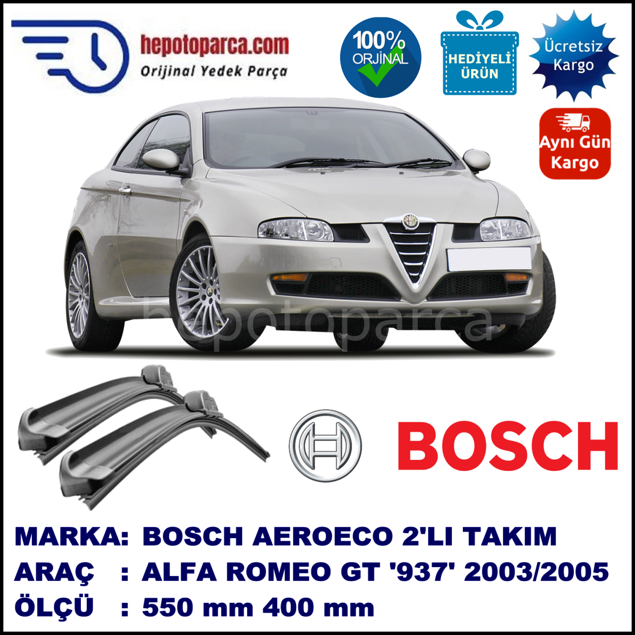 ALFA ROMEO GT [937] 10.2003-06.2005 , 550 / 400 mm. BOSCH AEROECO Aparatlı Muz Silecek