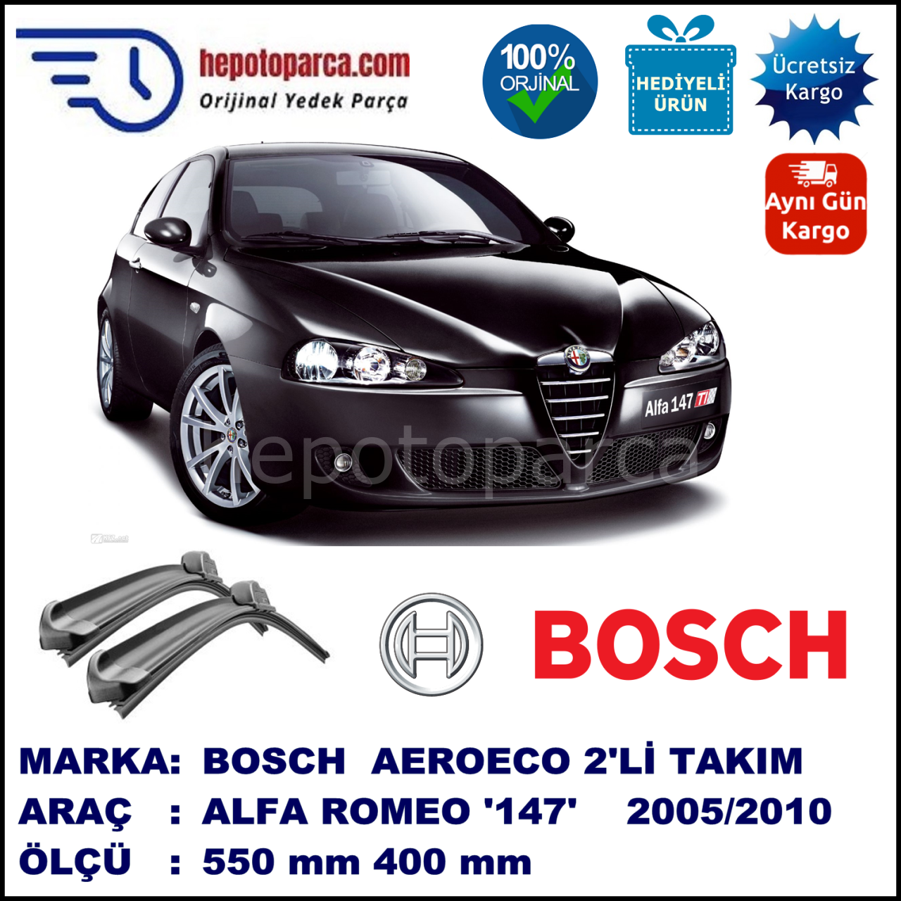 ALFA ROMEO 147 [937] 04.2005-12.2010, 550 / 400 mm. BOSCH AEROECO Aparatlı Muz Silecek