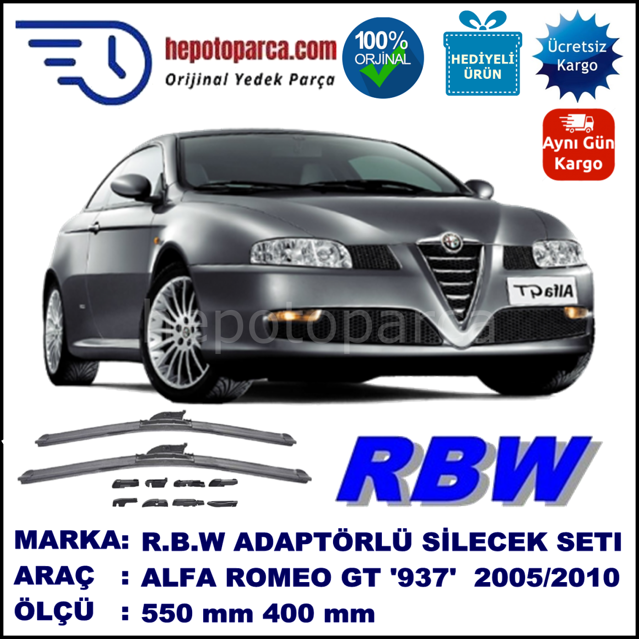 ALFA ROMEO GT [937] 04.2005-12.2010 , 550 / 400 mm.  RBW  ADAPTÖRLÜ MUZ SİLECEK SETİ