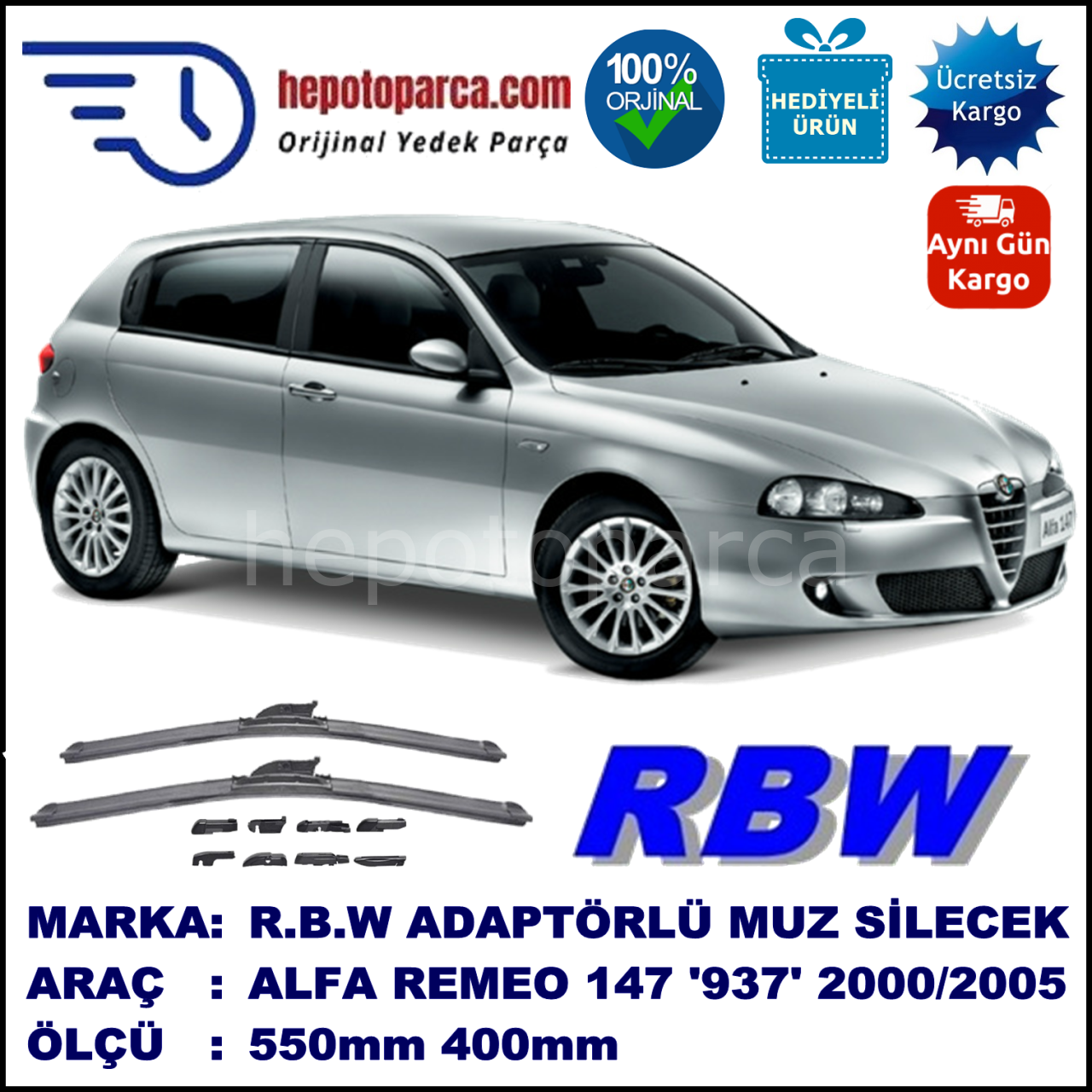 ALFA ROMEO 147 [937] 11.2000-06.2005, 550 / 400 mm.  RBW  ADAPTÖRLÜ MUZ SİLECEK SETİ