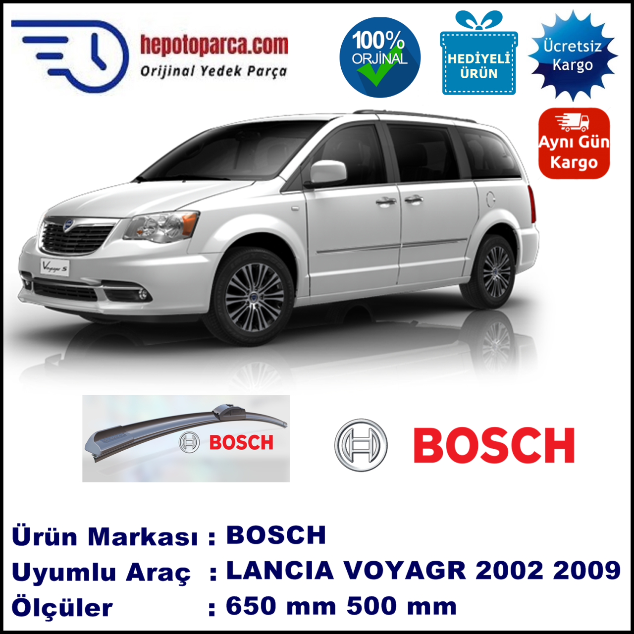 LANCIA Voyager [RT]  09.2011-..., 650 / 500 mm. BOSCH AEROECO Aparatlı Muz Silecek