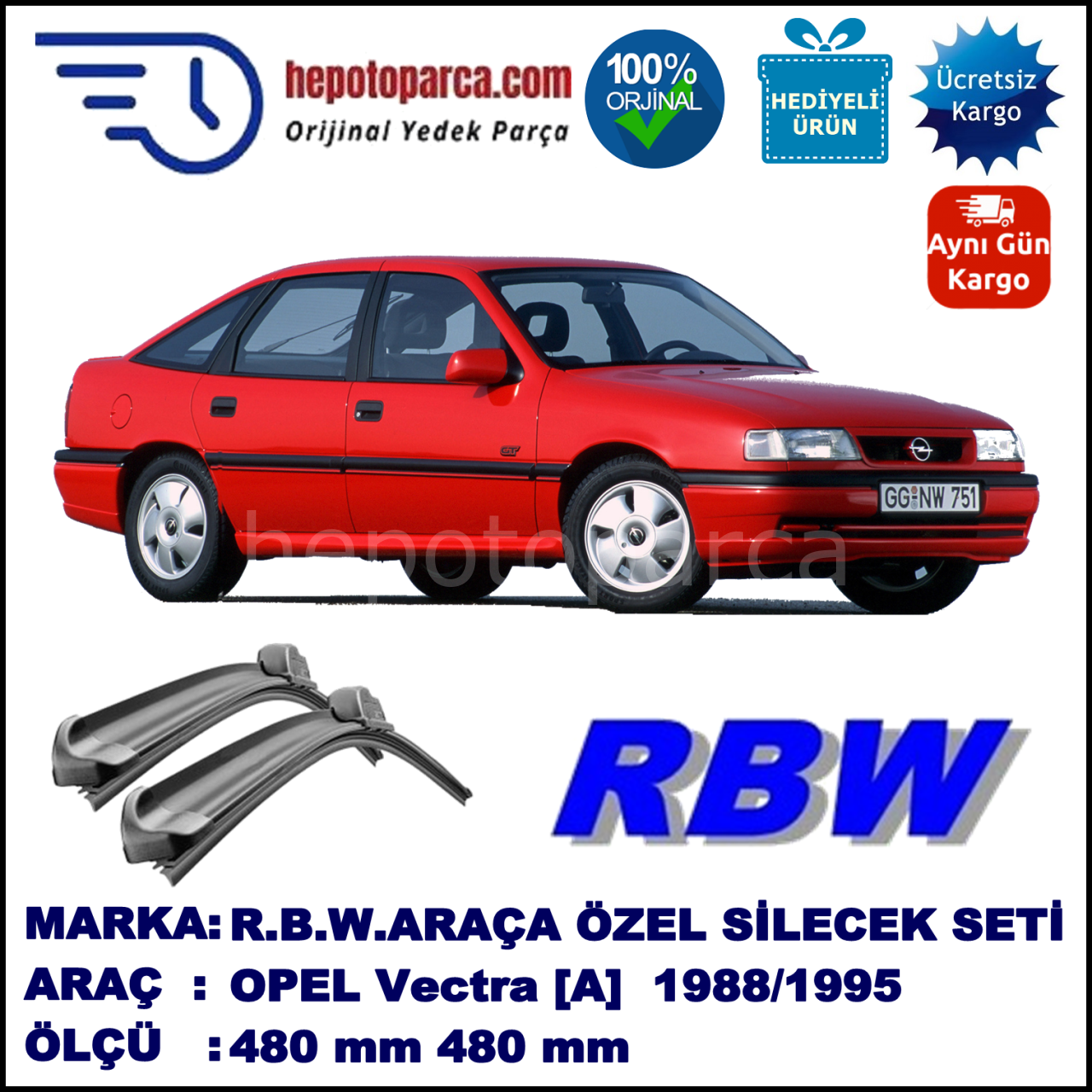 OPEL Vectra [A] 09.88-08.95 480 / 480 mm. RBW Muz Silecek Seti  2'li Takım. U Kanca Uyumludur.