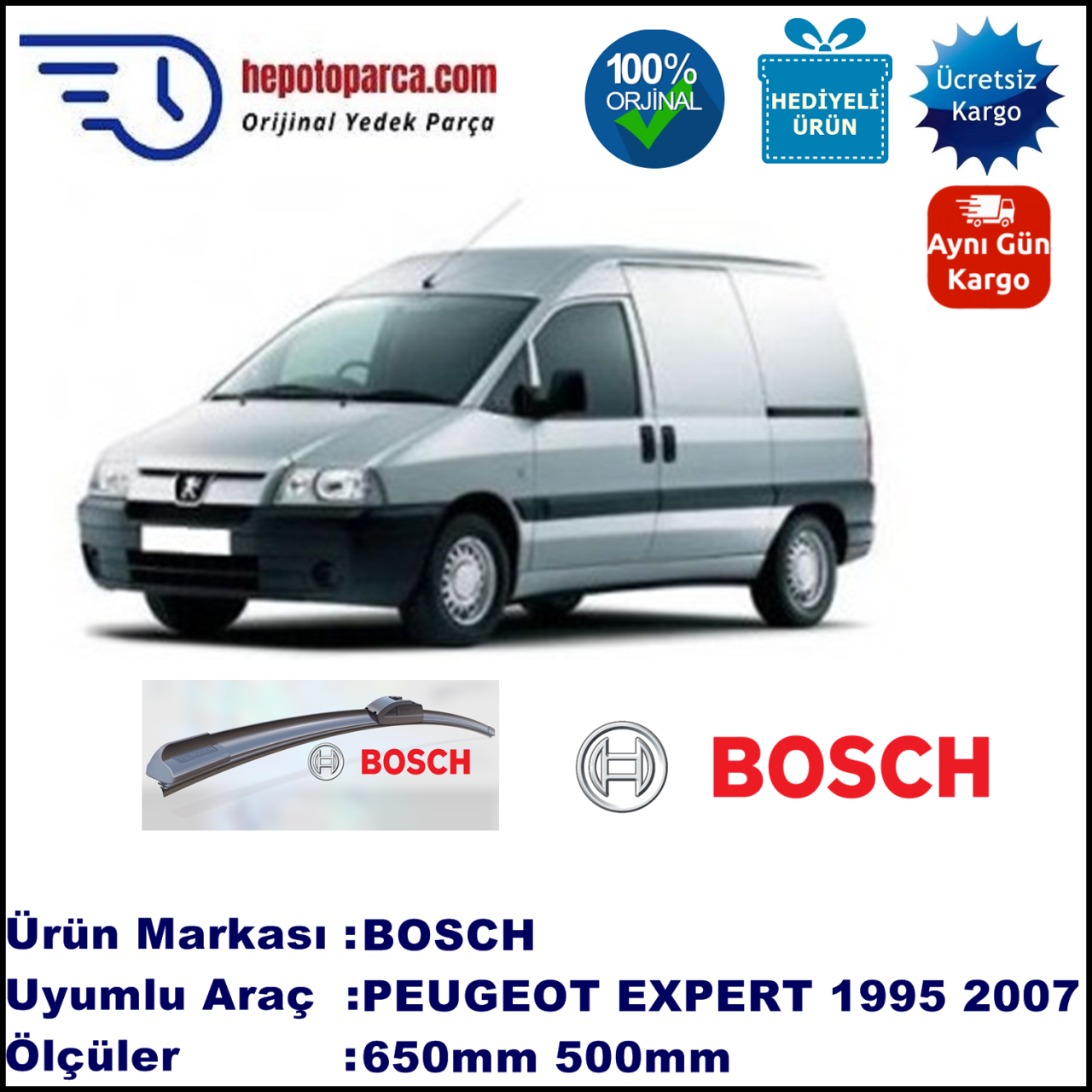 PEUGEOT Expert [U64] 09.1995-01.2007, 650 / 500 mm. BOSCH AEROECO Aparatlı Muz Silecek
