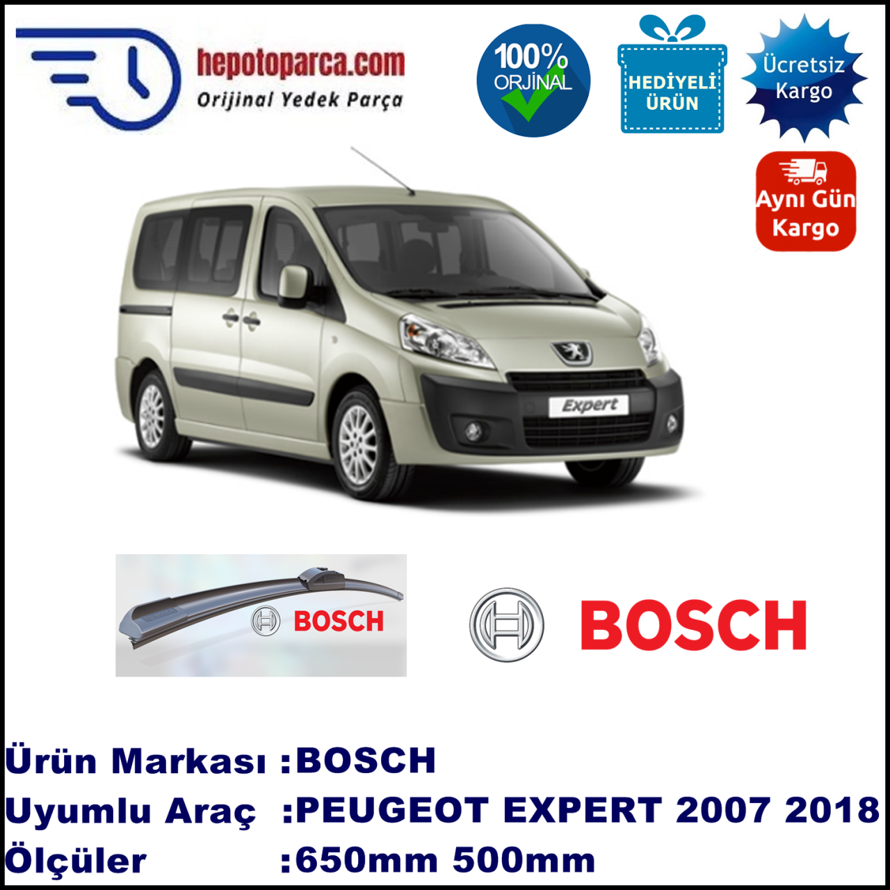 PEUGEOT Expert [G9] 02.2007-..., 650 / 500 mm. BOSCH AEROECO Aparatlı Muz Silecek