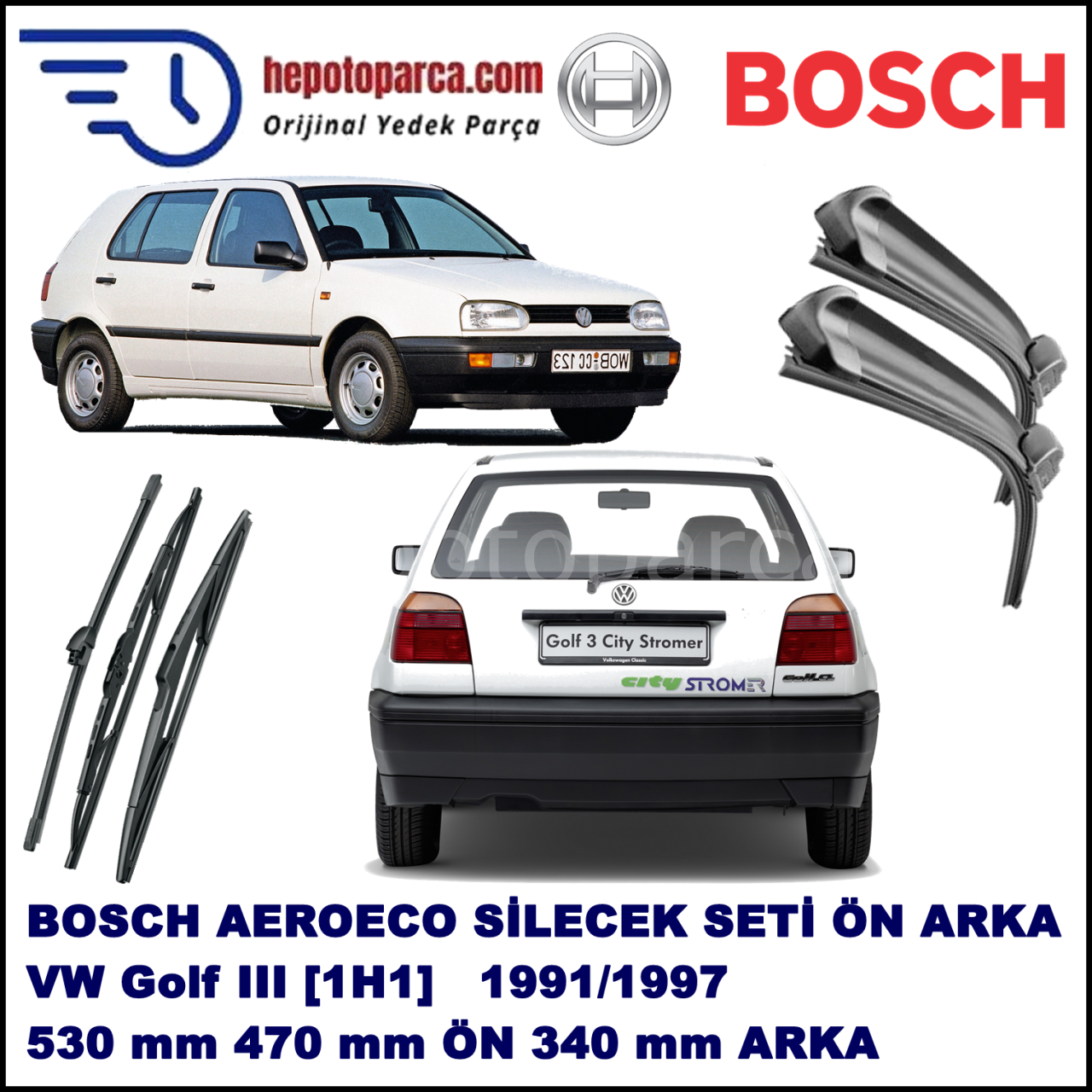 VW Golf III [1H1] 11,1991-12,1997 Bosch Aeroeco Ön ve Arka Silecek Takımı