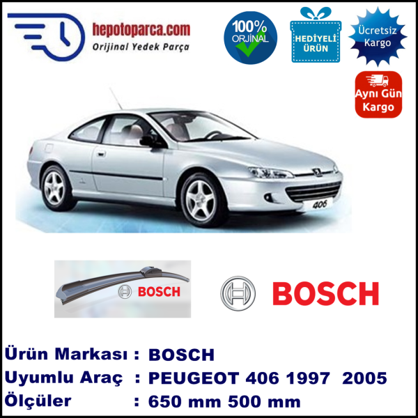 PEUGEOT 406 Coupé [D8; D9] 03.1997-02.2005, 650 / 500 mm. BOSCH AEROECO Aparatlı Muz Silecek