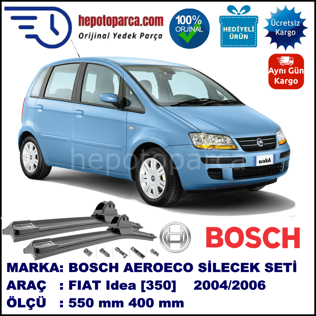 FIAT Idea [350] 01.2004-12.2005, 550 / 400 mm. BOSCH AEROECO Aparatlı Muz Silecek