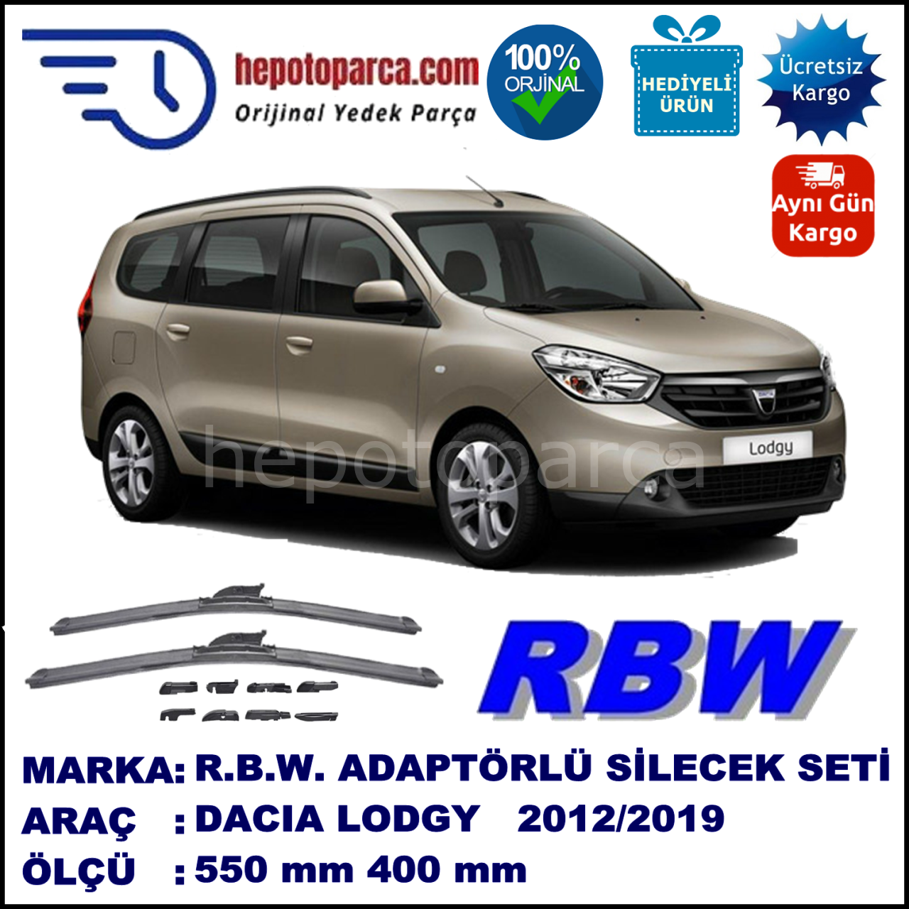 DACIA Lodgy  03.2012-..., 550 / 400 mm.  RBW  ADAPTÖRLÜ MUZ SİLECEK SETİ
