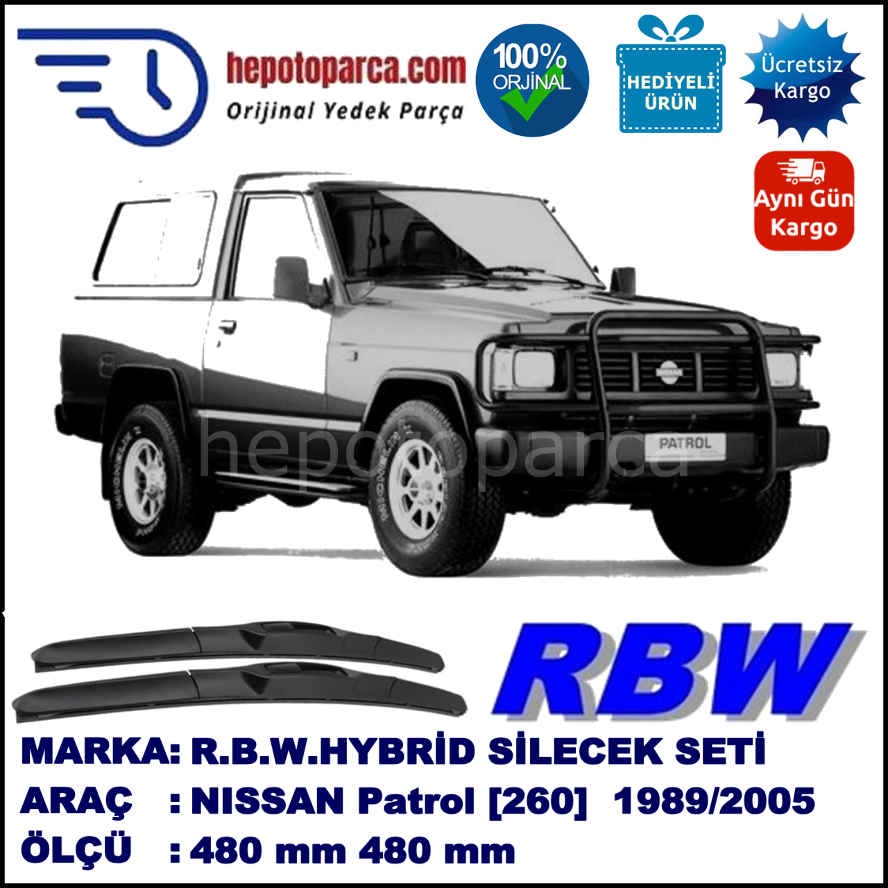 NISSAN Patrol [260] 04.89-12.05 480 / 480 mm. RBW Hybrid Silecek Seti. U Kanca Uyumlu Hibrit