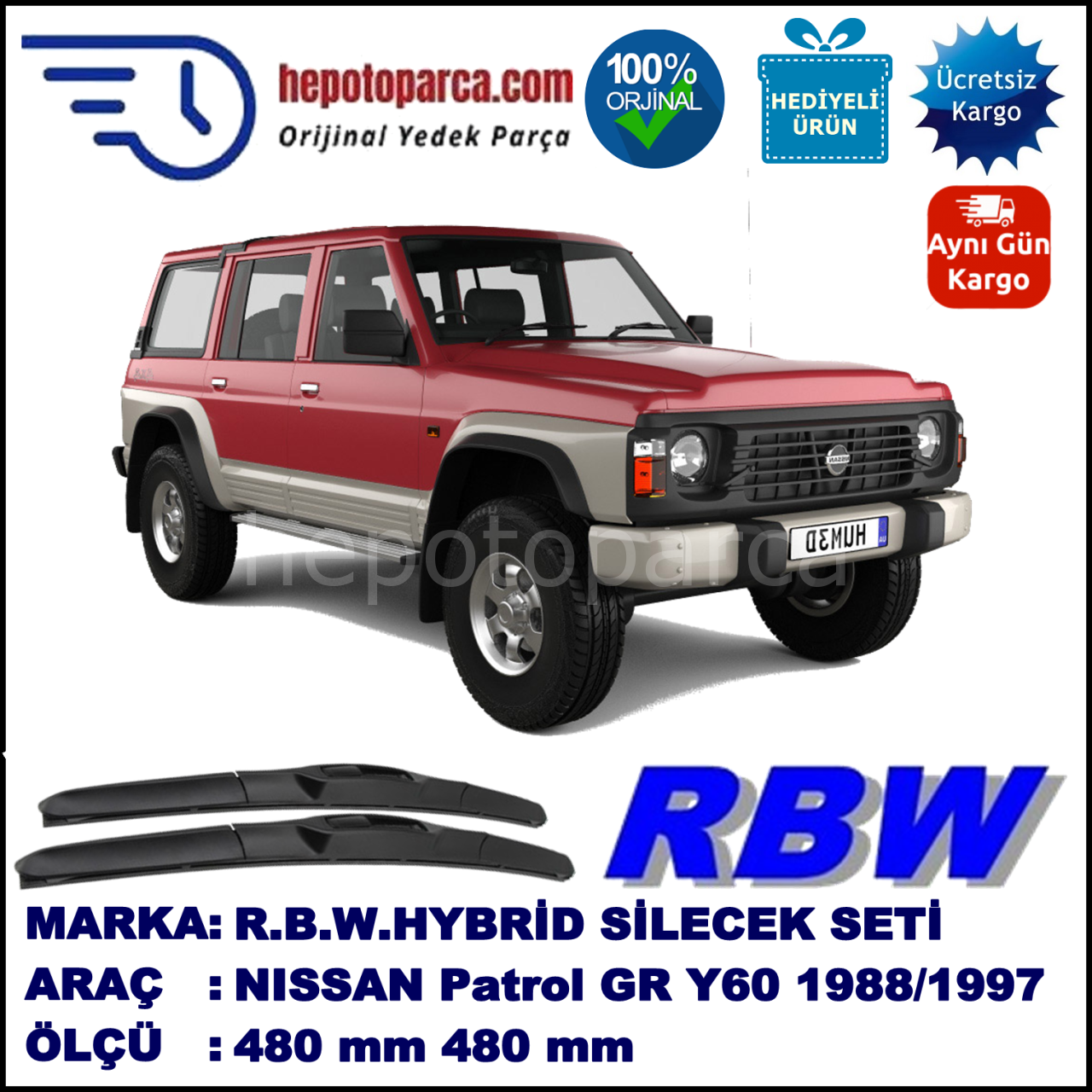 NISSAN Patrol GR [Y60] 09.88-09.97 480 / 480 mm. RBW Hybrid Silecek Seti. U Kanca Uyumlu Hibrit