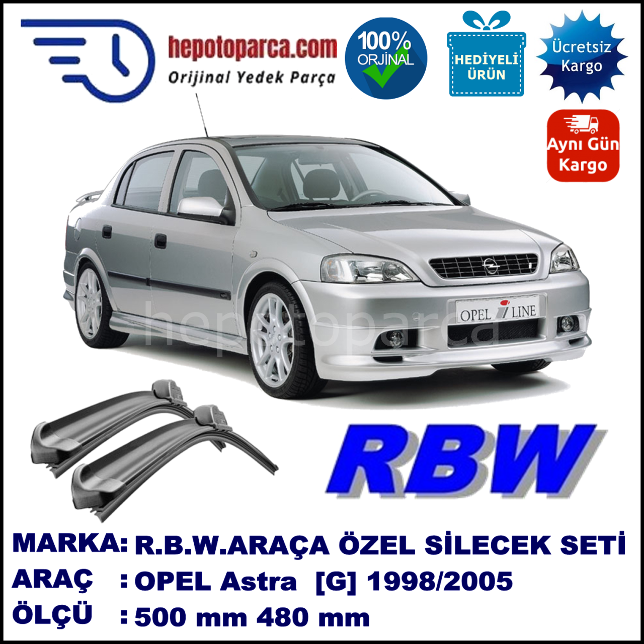 OPEL Astra [G] 03.98-01.05 500 / 480 mm. RBW Muz Silecek Seti  2'li Takım. U Kanca Uyumludur.