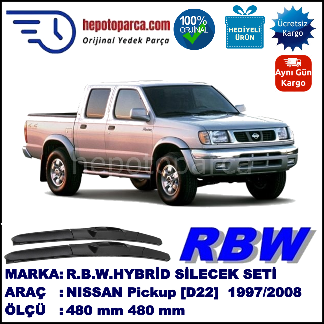 NISSAN Pickup [D22] 02.97-... 480 / 480 mm. RBW Hybrid Silecek Seti. U Kanca Uyumlu Hibrit