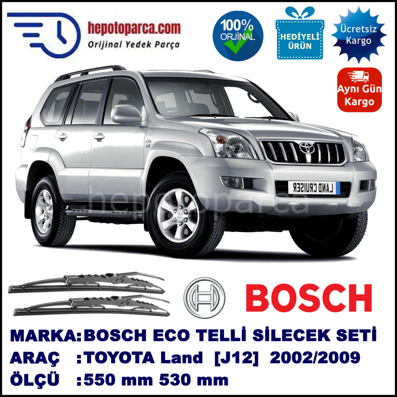 TOYOTA Land Cruiser [J12] 09.02-08.09 550 / 530 mm. BOSCH ECO Telli Silecek 2'li Takım