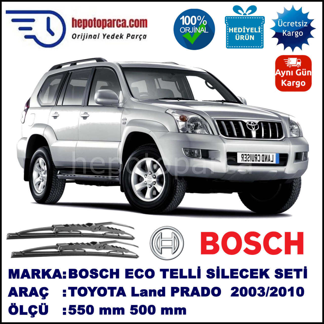 TOYOTA Land Cruiser Prado [J12] 01.03-... 550 / 500 mm. BOSCH ECO Telli Silecek 2'li Takım