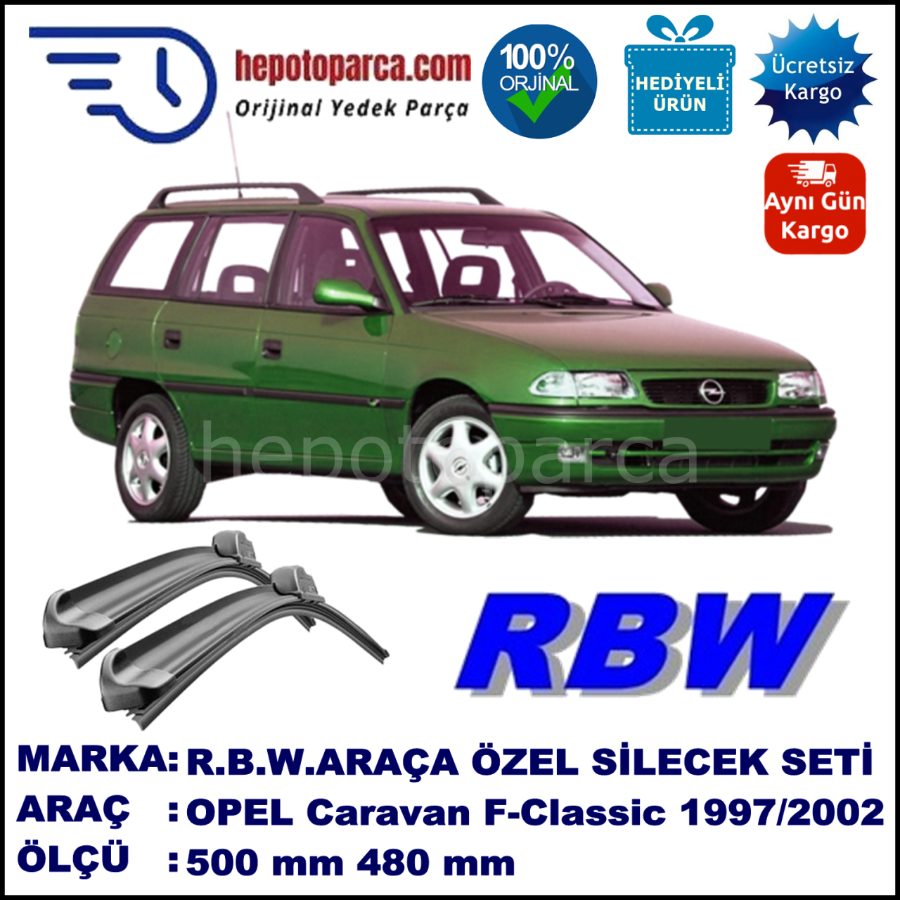 OPEL Astra Classic Caravan [F-Classic] 09.97-08.02 500 / 480 mm. RBW Muz Silecek Seti  2'li Takım. U Kanca Uyumludur.