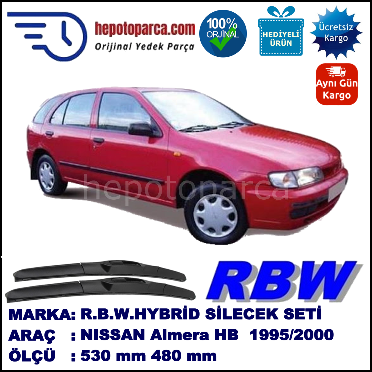 NISSAN Almera Hatchback [N15] 07.95-04.00 530 / 480 mm. RBW Hybrid Silecek Seti. U Kanca Uyumlu Hibrit