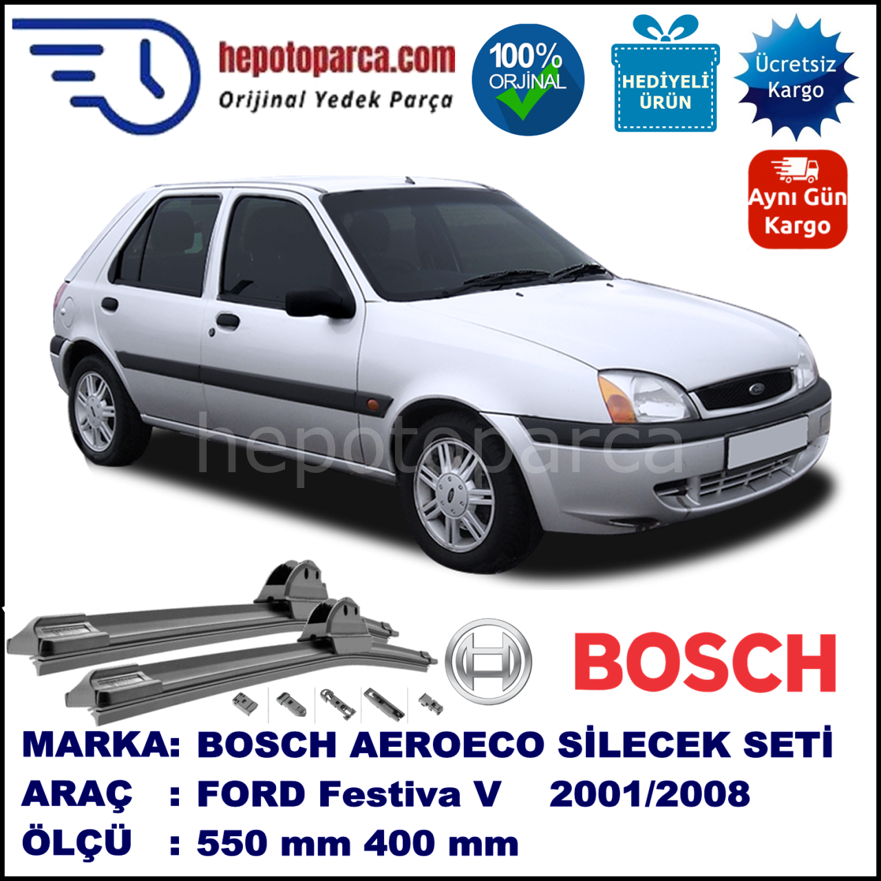 FORD Fiesta V [02] 11.2001-09.2008, 550 / 400 mm. BOSCH AEROECO Aparatlı Muz Silecek