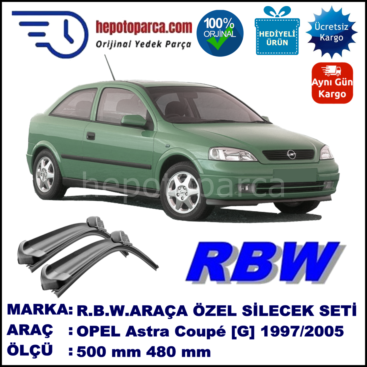 OPEL Astra Coupé [G] 09.97-02.05 500 / 480 mm. RBW Muz Silecek Seti  2'li Takım. U Kanca Uyumludur.