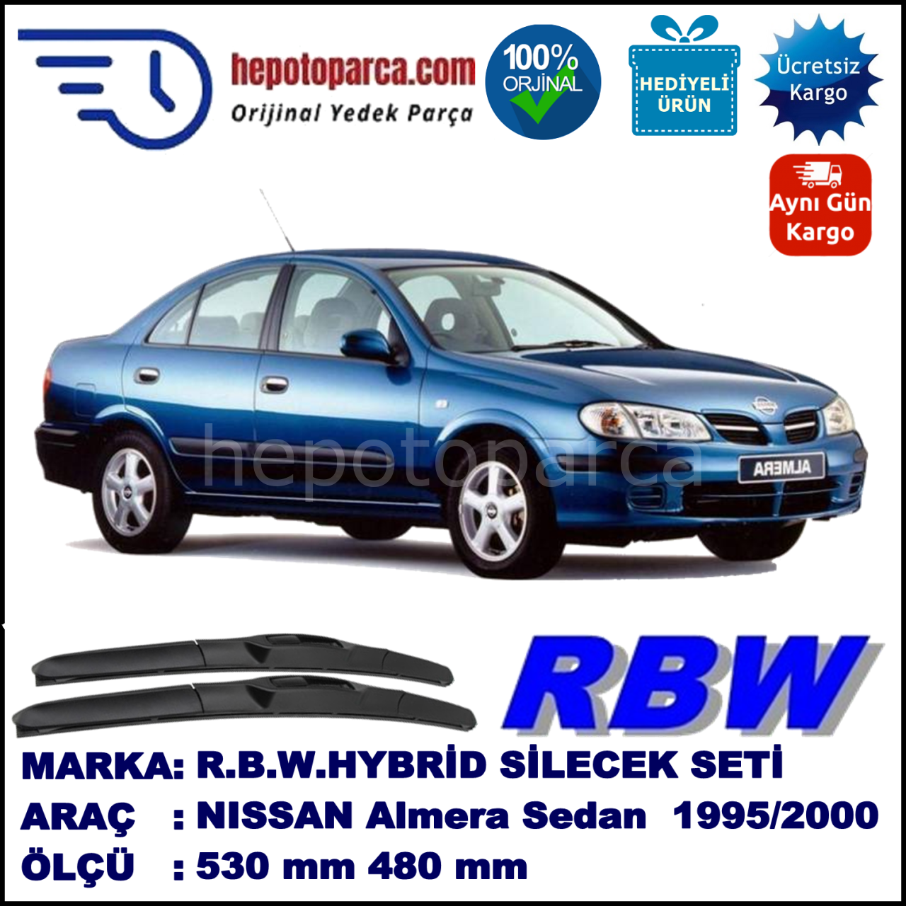 NISSAN Almera Sedan [N15] 07.95-04.00 530 / 480 mm. RBW Hybrid Silecek Seti. U Kanca Uyumlu Hibrit